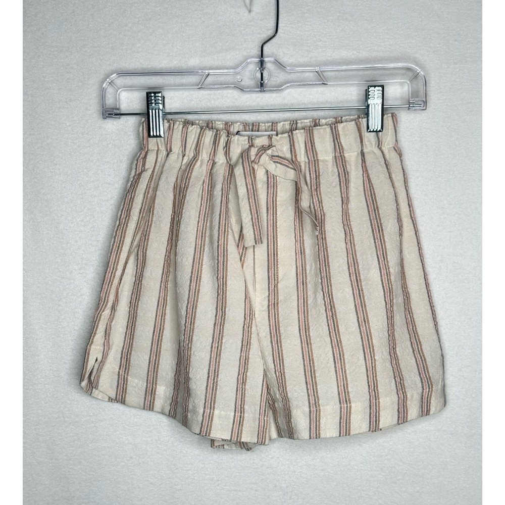 Zara Kids Striped Linen Blend Shorts Beige Tie Waist Girls Size 11-12 152cm NWT